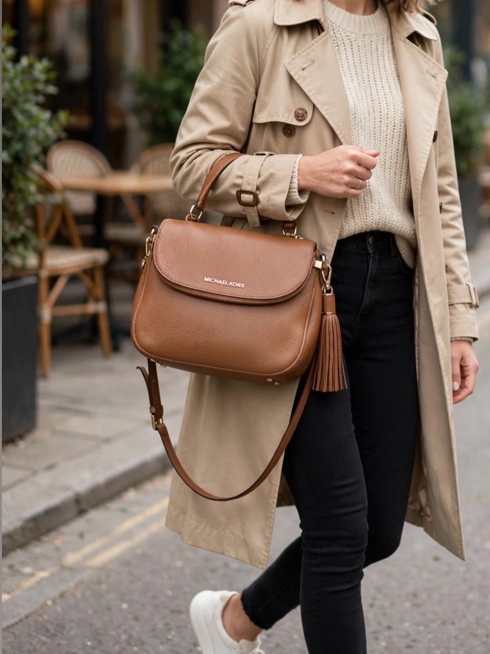 Michael Kors Camel Brown Pebbled Leather Bedford Crossbody Handbag -Tassel/Strap